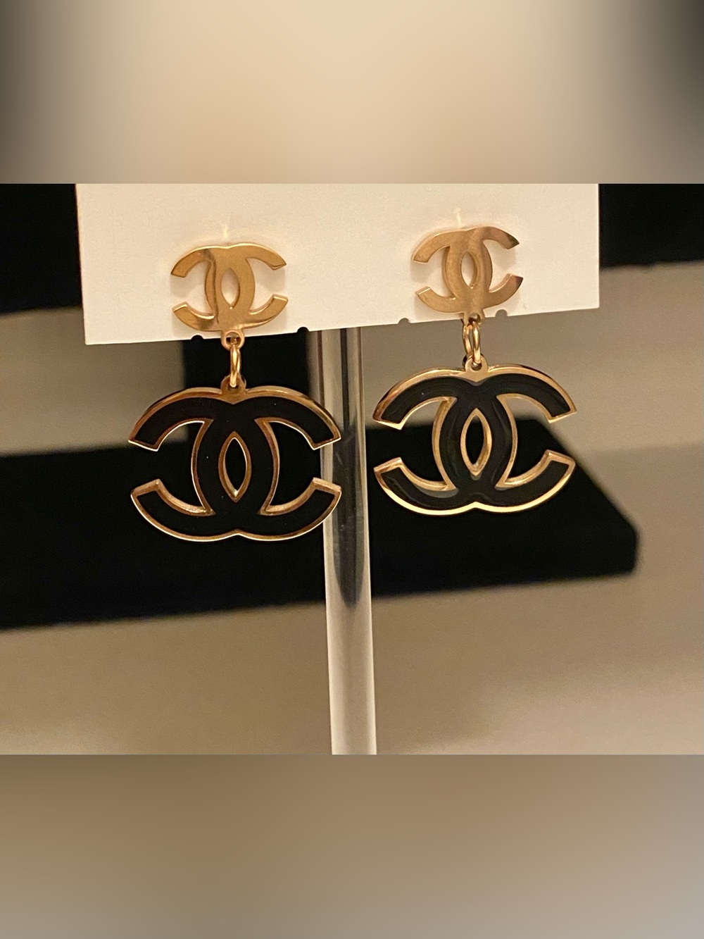 Fashion Jewelry 14K Gold Plated/ Black Double CC Luxury Drop Earrings